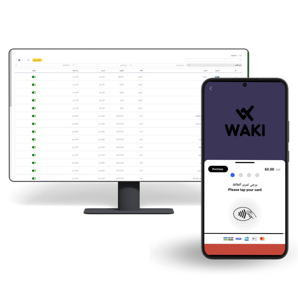 Image of a WAKI dashboard and smartphone as softPOS